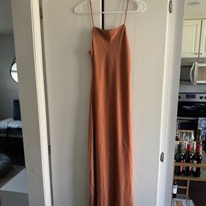 Burnt Orange Satin Maxi Dress with Spaghetti Straps